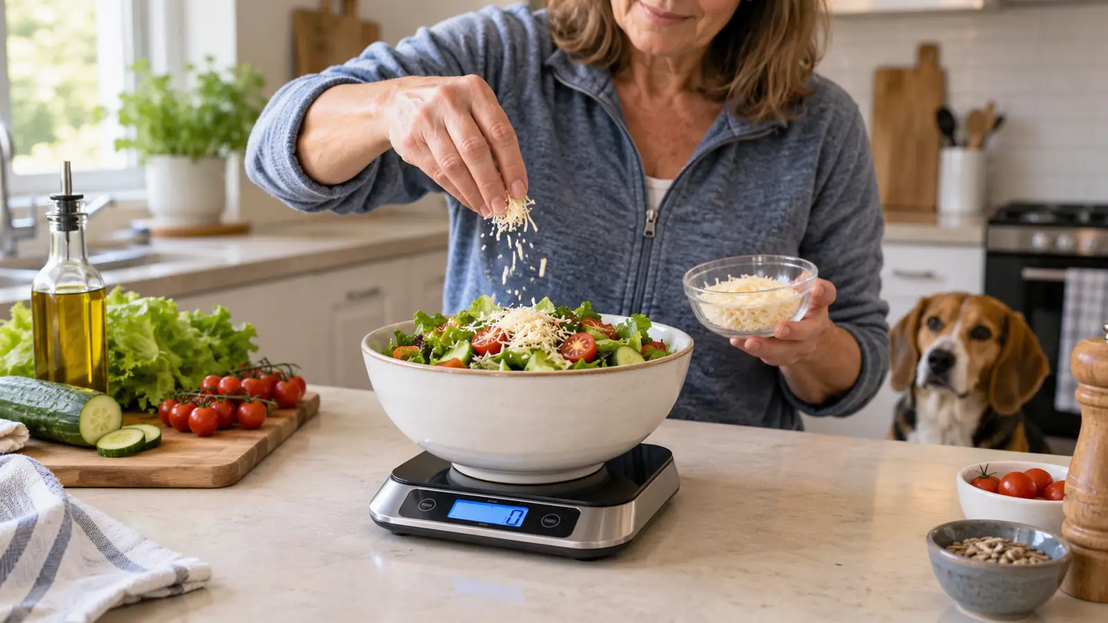 A hand sprinkles grated cheese over a bowl of salad on a digital kitchen scale with a backlit display