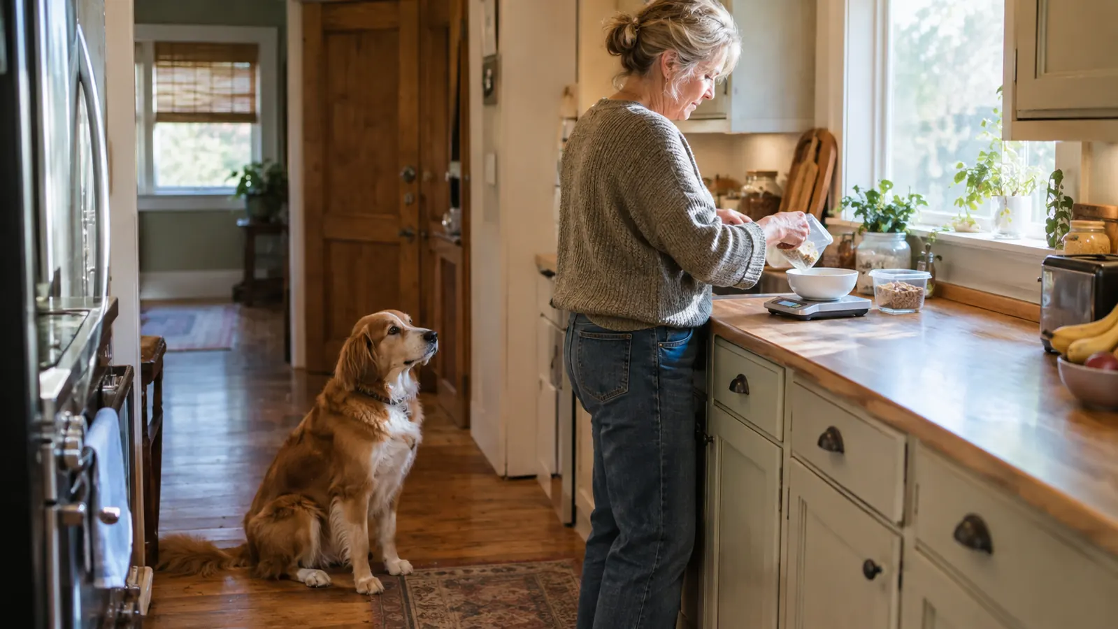 A dog sits patiently on a kitchen floor while a woman in her late 50s weighs food on a countertop scale