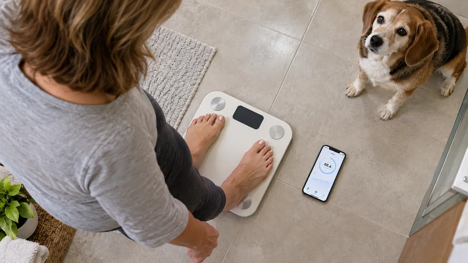 A person's bare feet stepping onto a smart scale on a bathroom floor, a phone beside it showing a health app