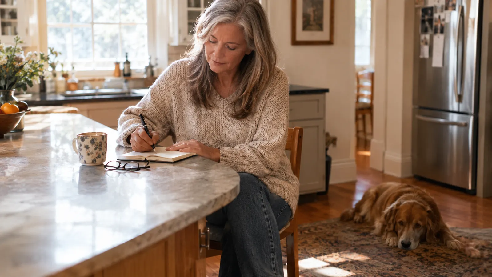 A woman in her late 50s writing in a small notebook at a kitchen counter with a dog nearby