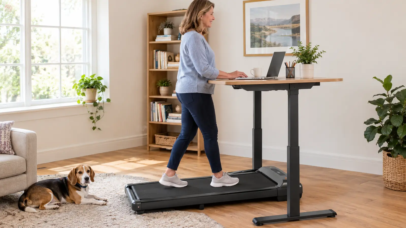 Woman walking on the walking pad while a small dog rests nearby