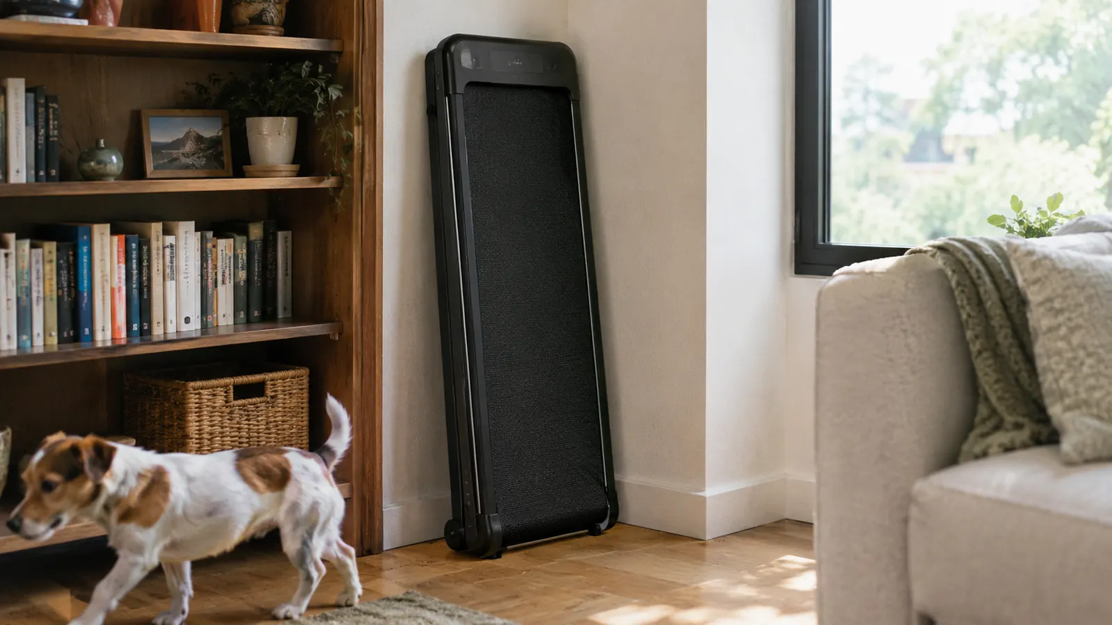 Walking pad stored upright between a bookshelf and a wall in a small living room