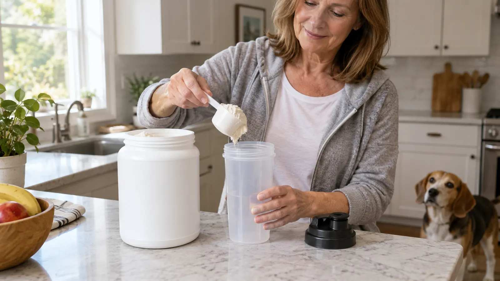A hand scooping protein powder from the open tub into a shaker bottle on a kitchen counter