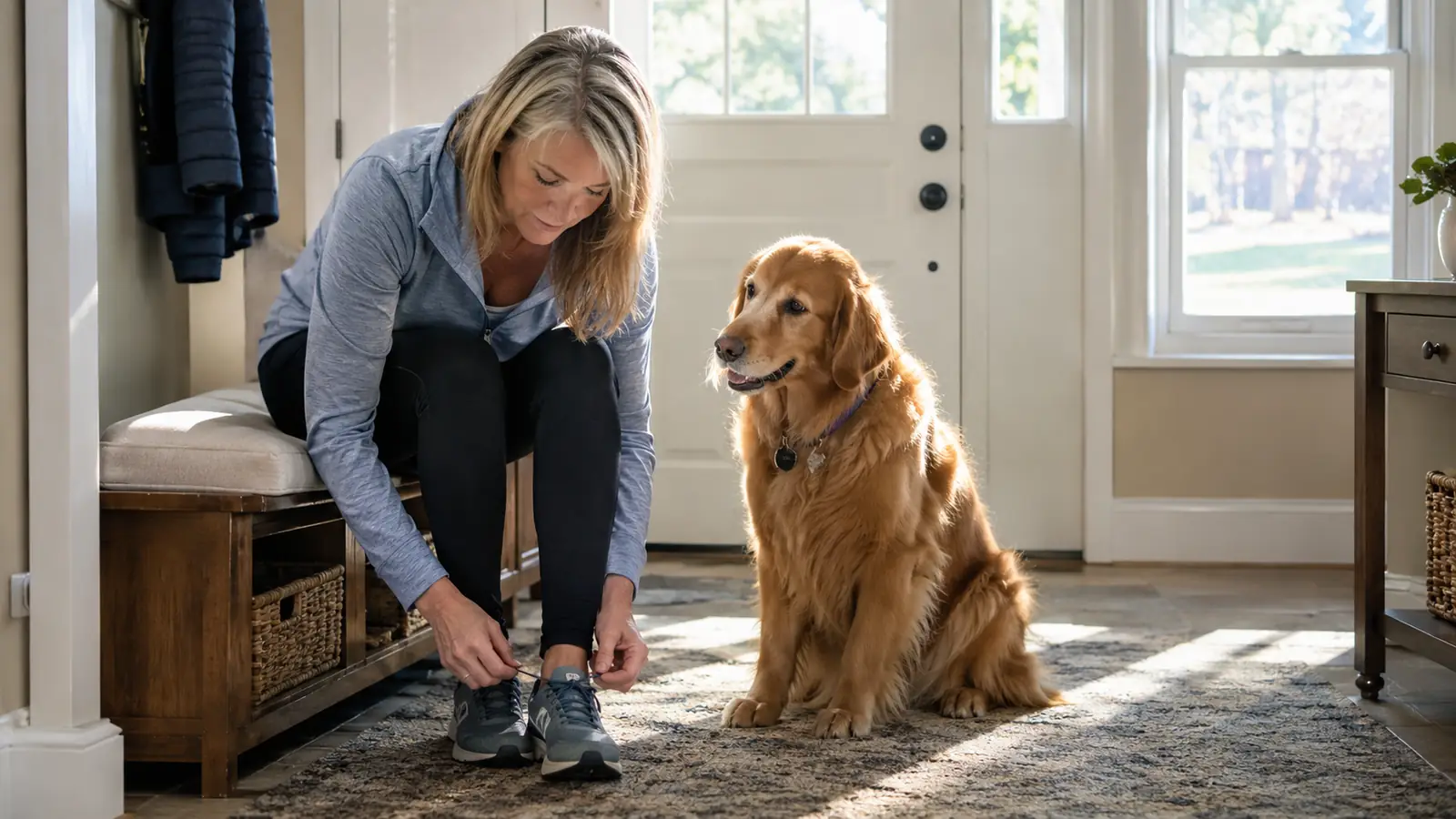 A woman in her late 50s tying her walking shoes by the front door while a dog waits patiently beside her