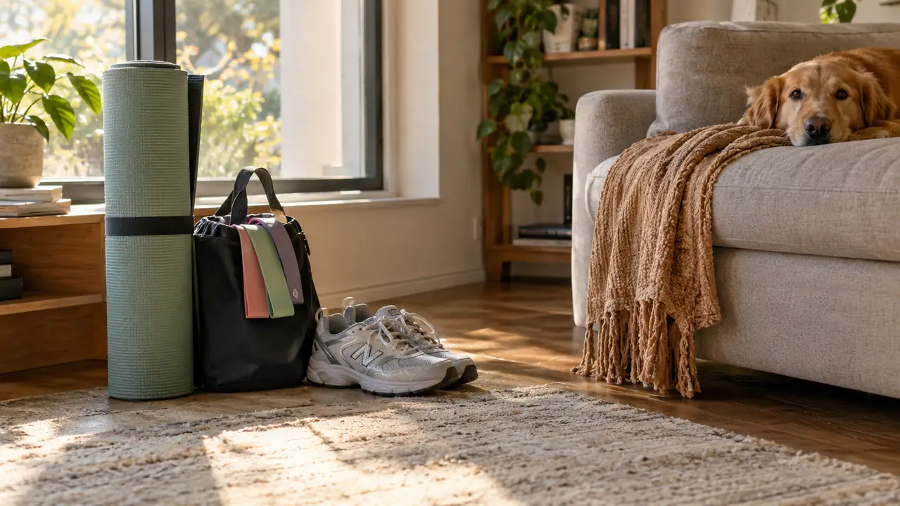 A small carry bag with loop bands set beside a rolled exercise mat in a home workout corner