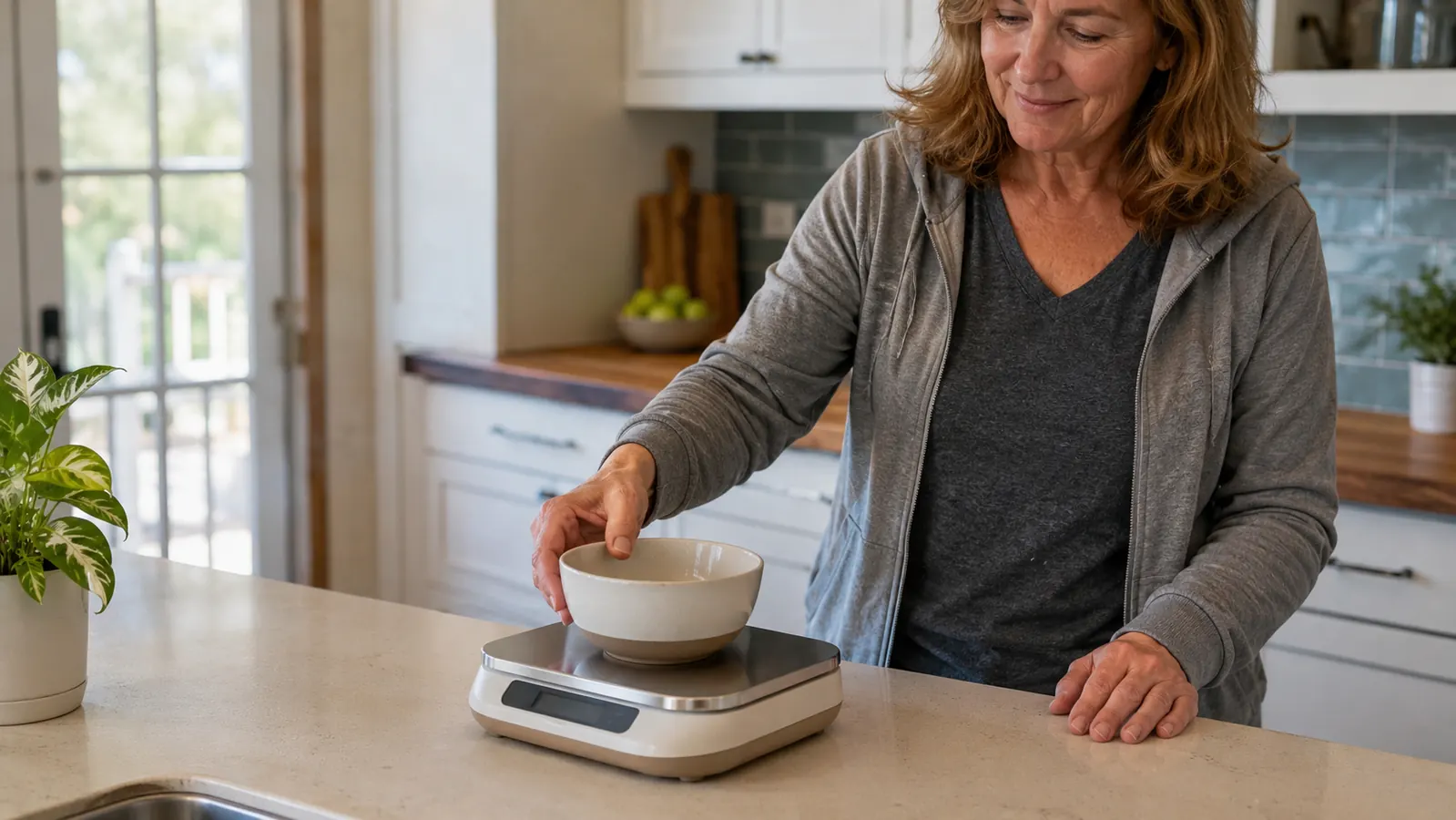 A hand placing a small bowl on top of a digital kitchen scale on a counter