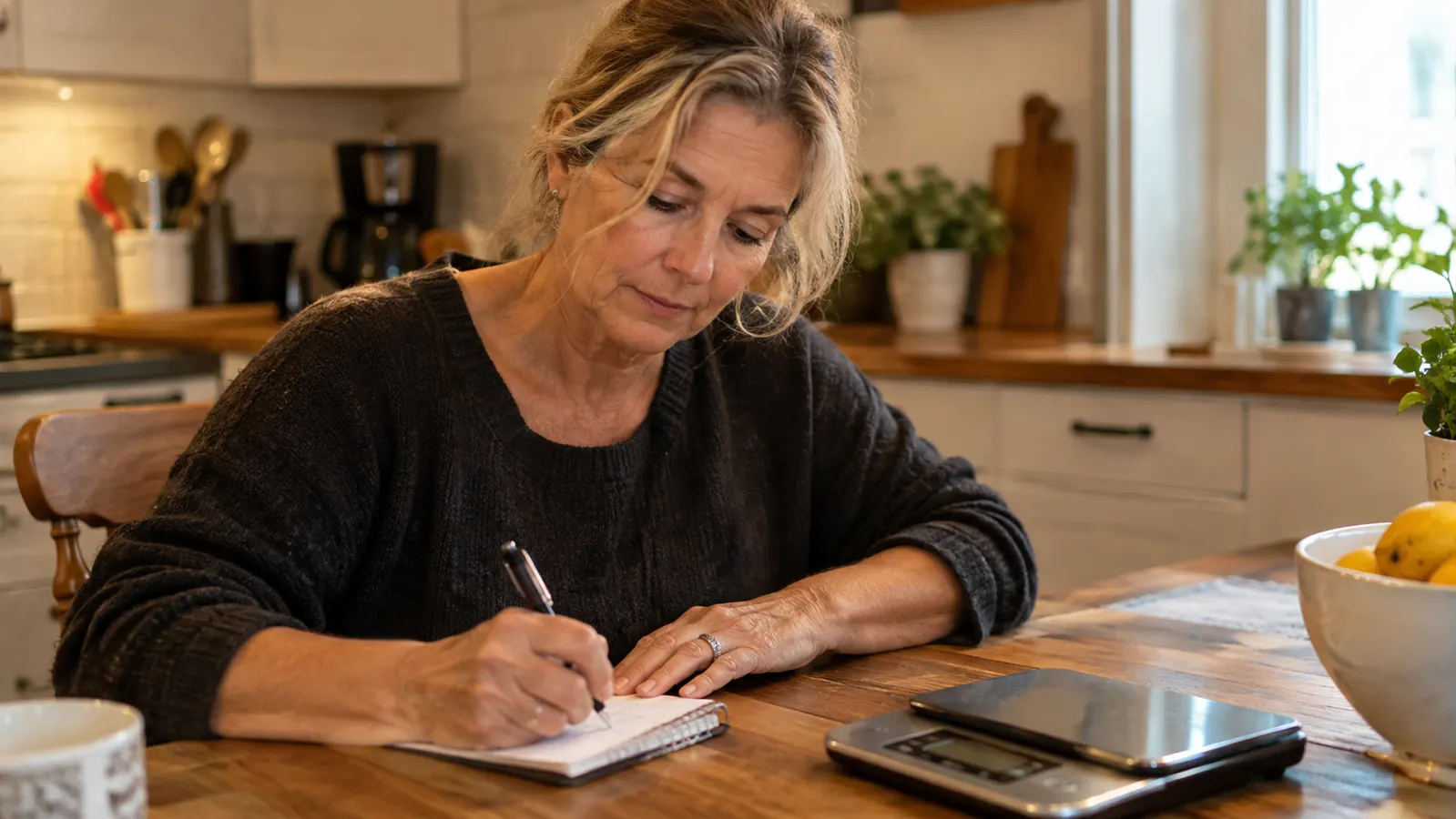 A person in her late 50s writing in a small notebook at a kitchen table with a digital kitchen scale nearby
