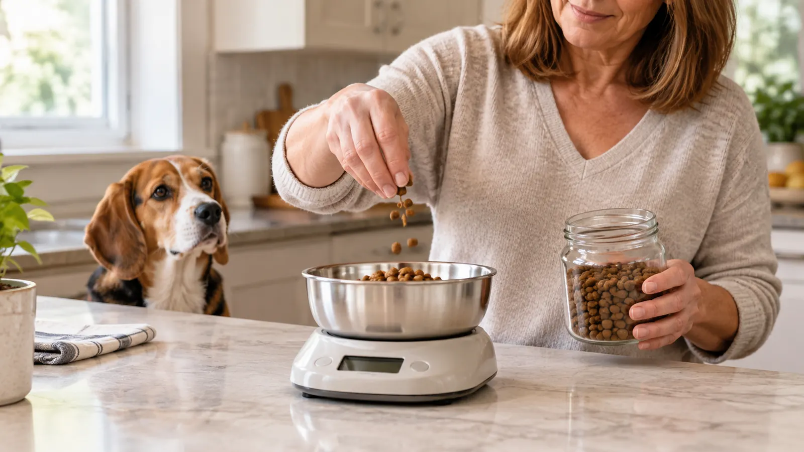 A woman's hand sprinkling food onto the scale's bowl on a kitchen counter