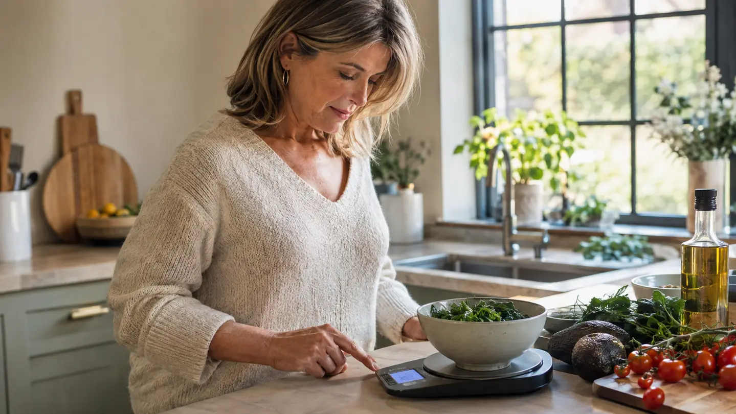 A woman in her late 50s reading the scale's backlit display while prepping food at a kitchen counter