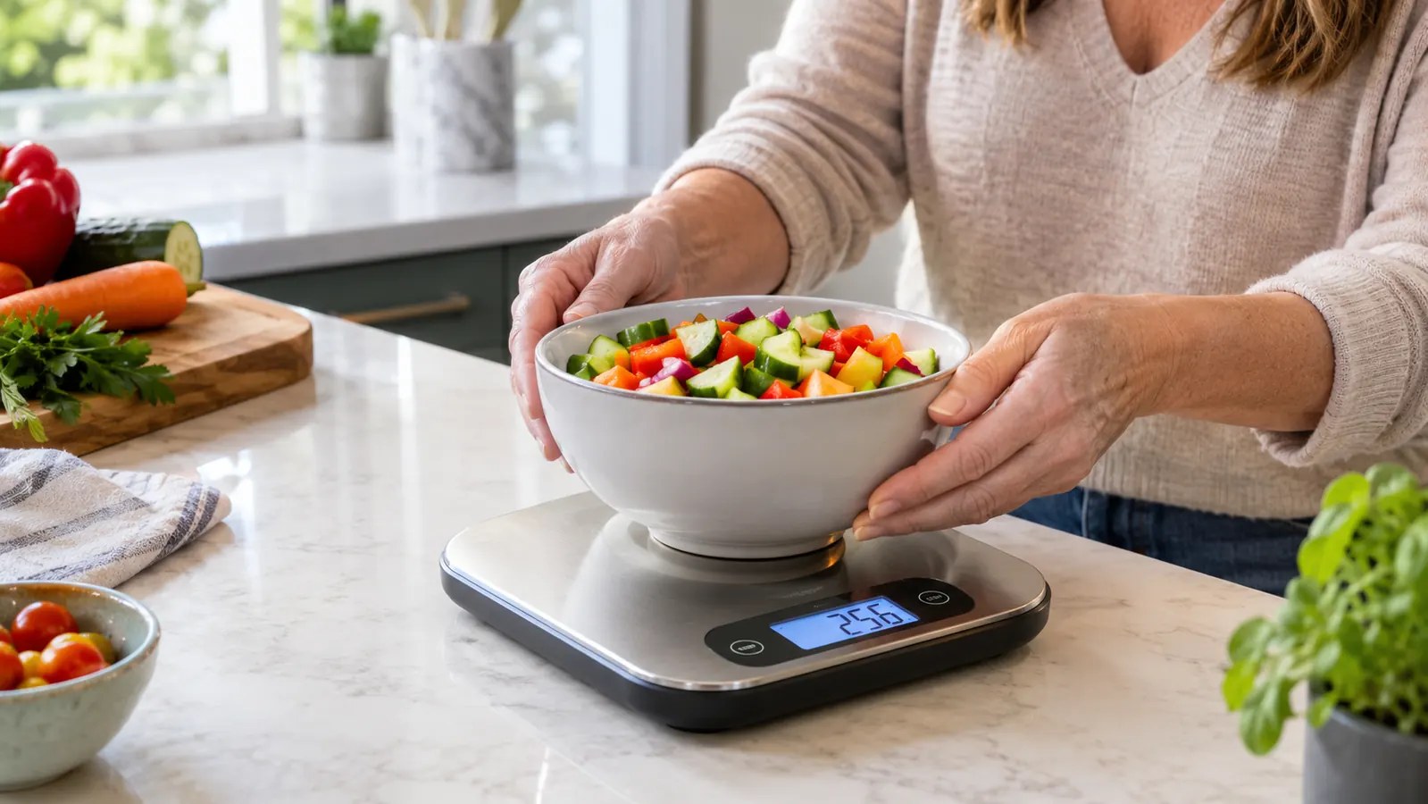 A hand placing a bowl of chopped vegetables on a digital kitchen scale with a backlit display on a kitchen counter