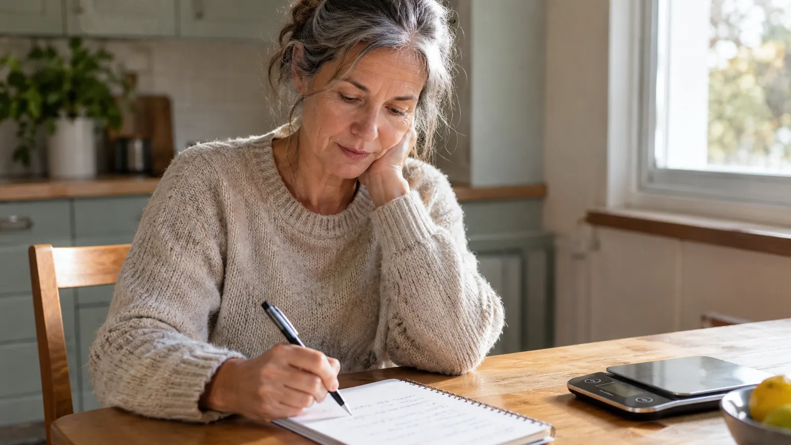 A woman in her late 50s writing portion sizes in a notebook at a kitchen table with a food scale nearby