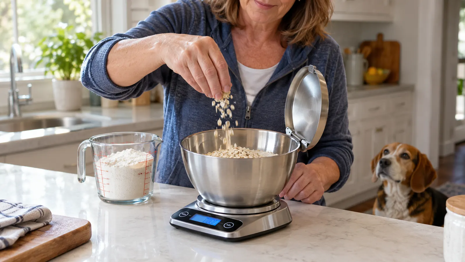 A digital food scale on a kitchen counter with the stainless steel bowl in place and a measuring cup beside it