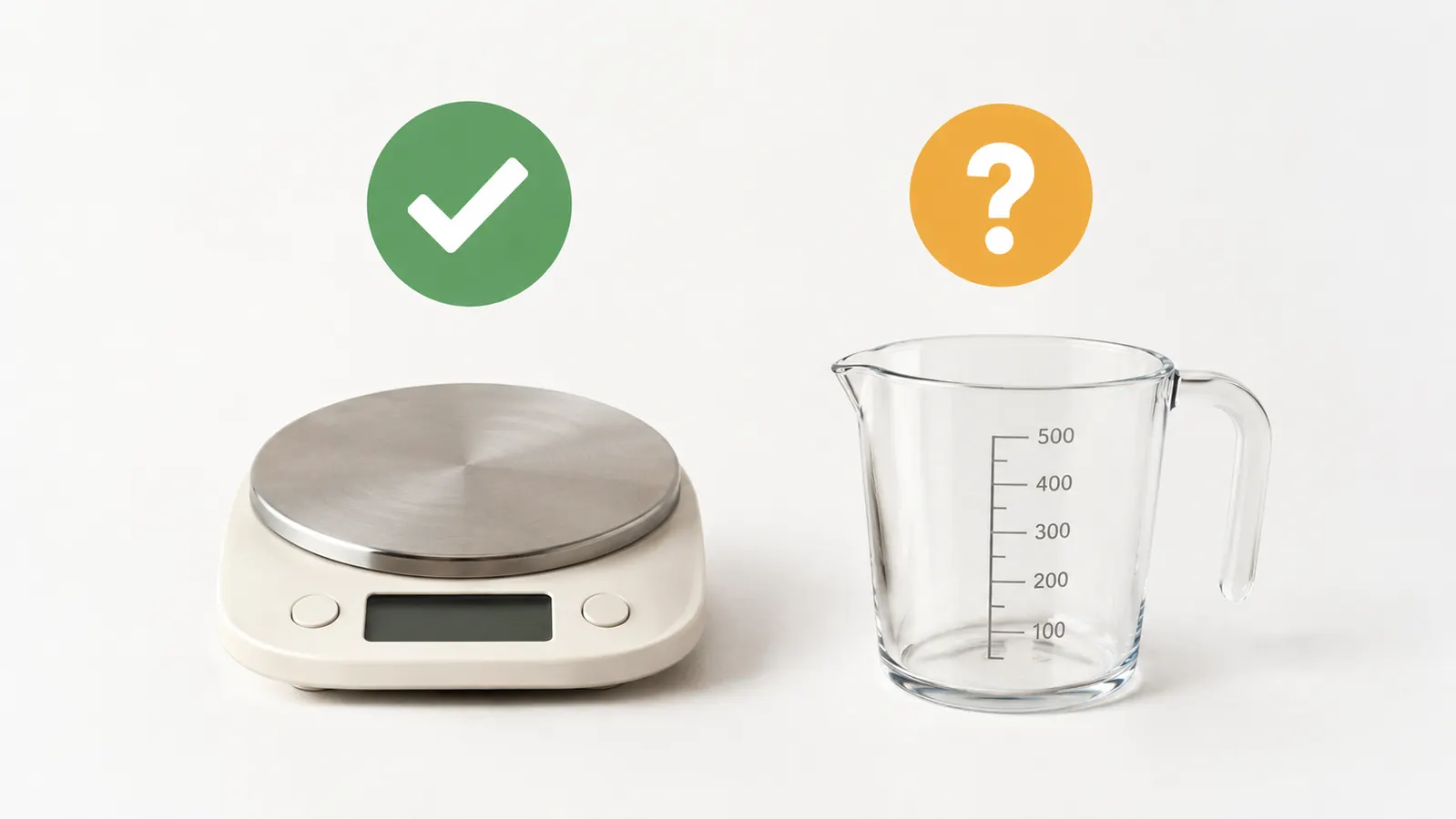 A simple line drawing comparing a digital scale and a measuring cup, with a checkmark beside the scale for accuracy