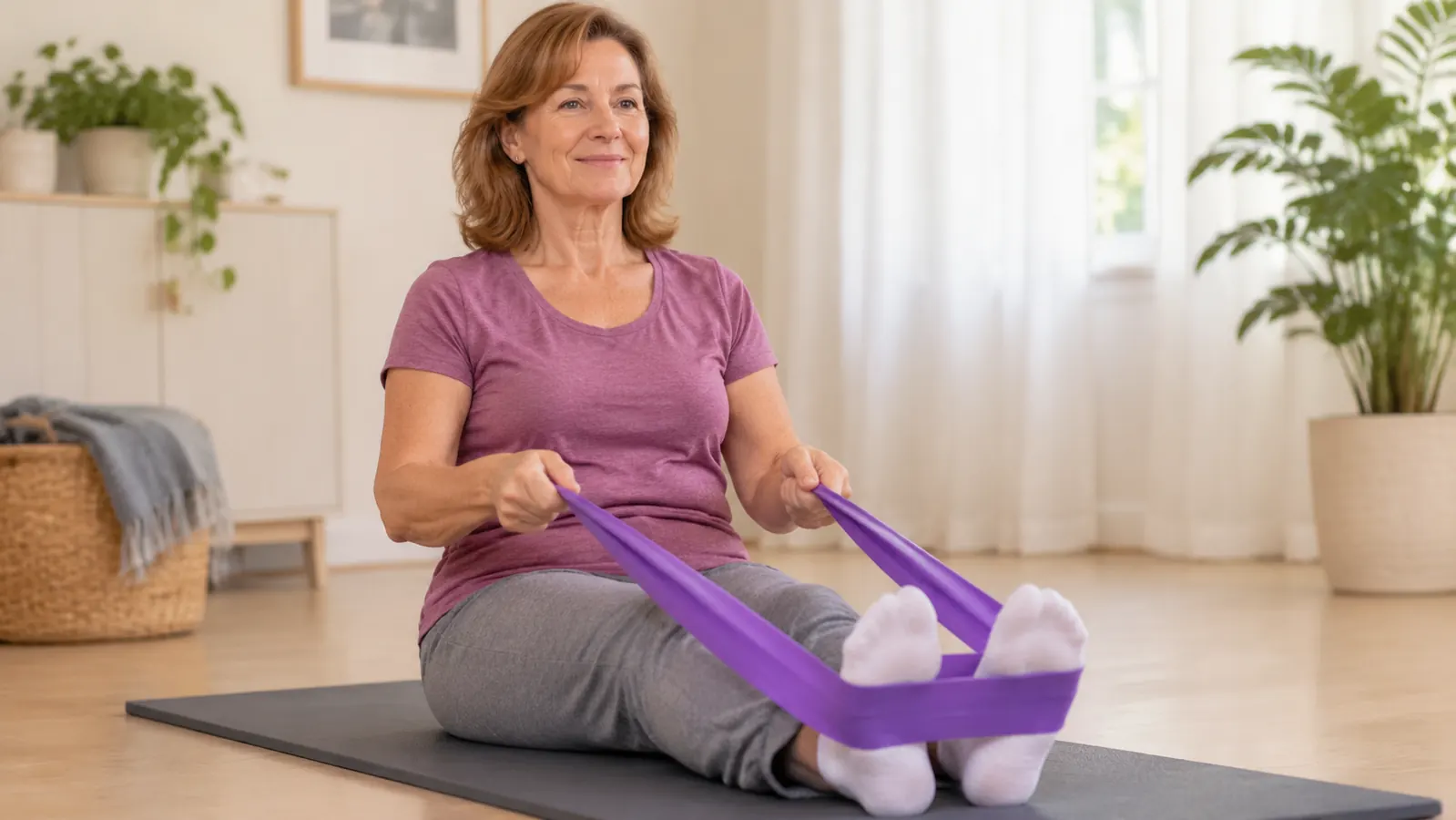 A person seated on a yoga mat holding a loop resistance band stretched between their feet, gripping the band for a seated row