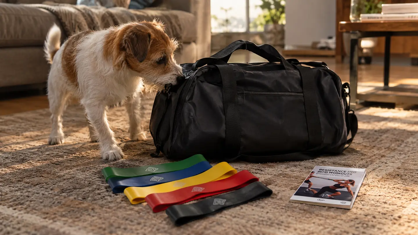 An open carry bag on a living room floor with loop resistance bands and a small instruction booklet beside it, a dog sniffing the bag