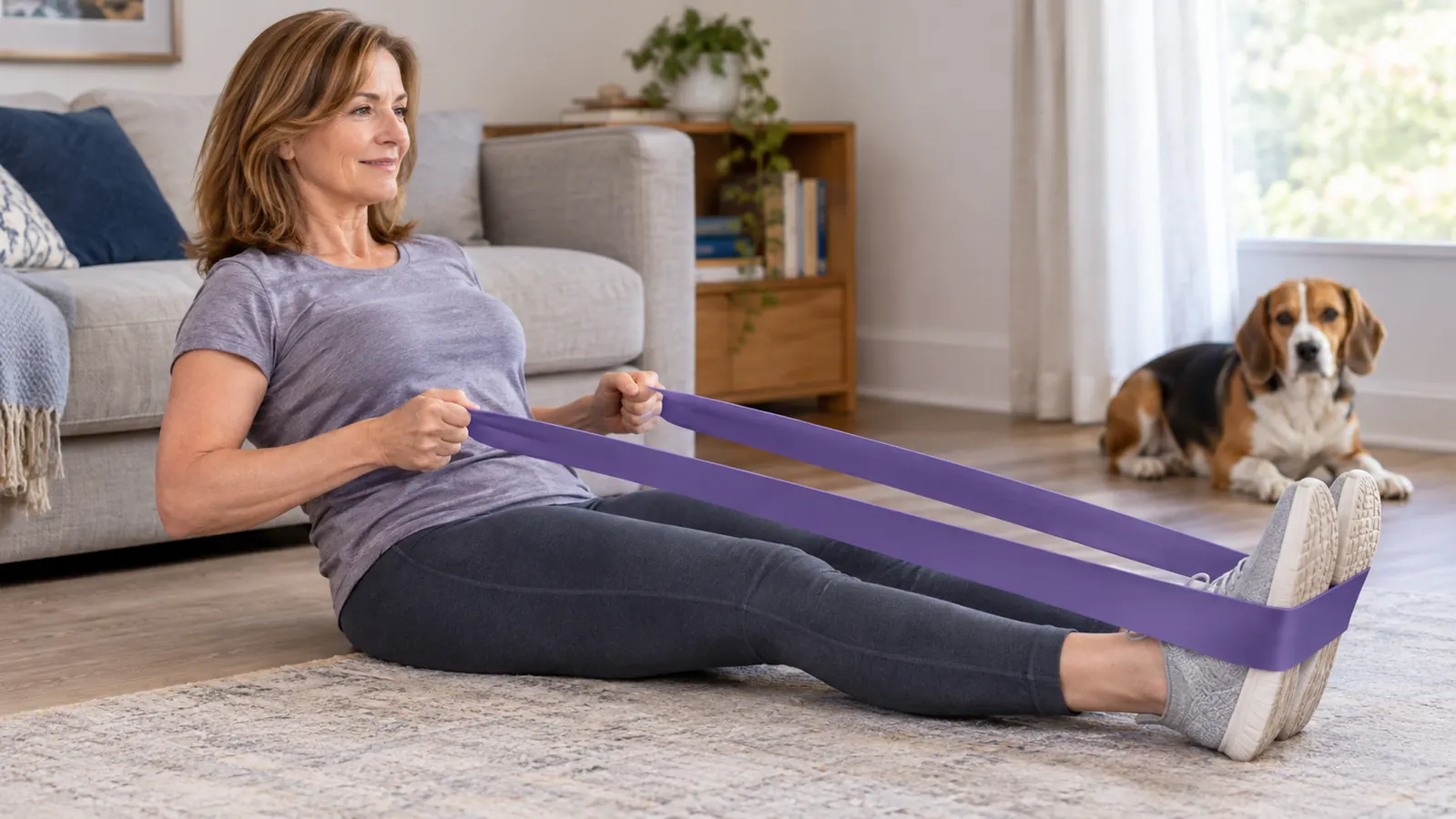 A woman's hands holding a loop resistance band stretched between her feet and hands during a seated exercise.