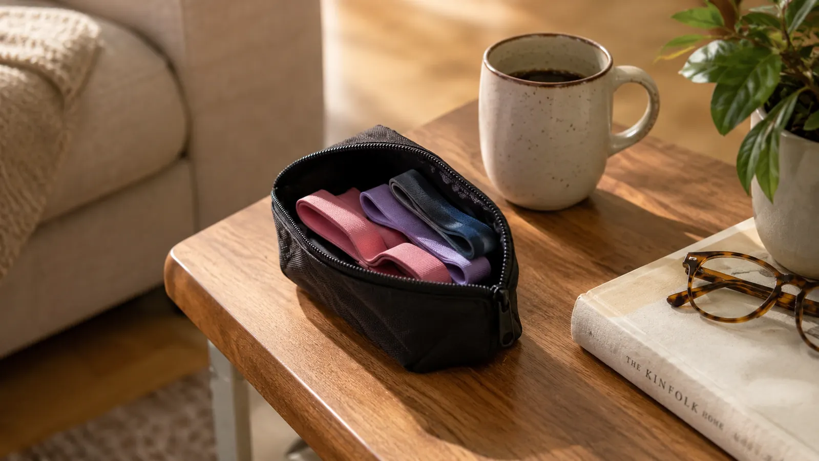 A small carry bag with loop resistance bands resting on a wooden end table beside a mug of coffee.