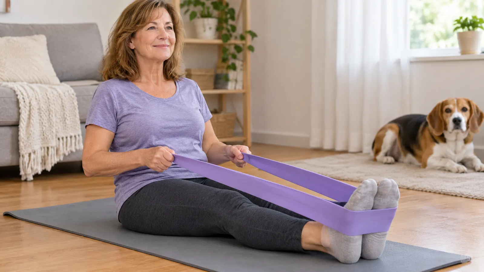 A person stretching a resistance loop band between their hands and feet during a home workout