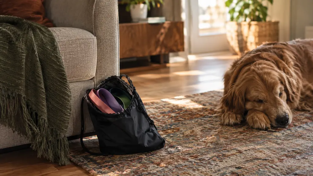 A small carry bag holding a set of loop bands resting on the floor beside an armchair, with a dog sleeping on the rug