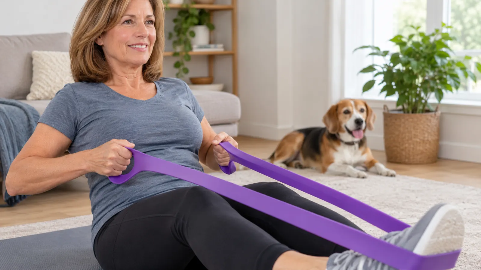Hands holding a resistance loop band while performing a seated row