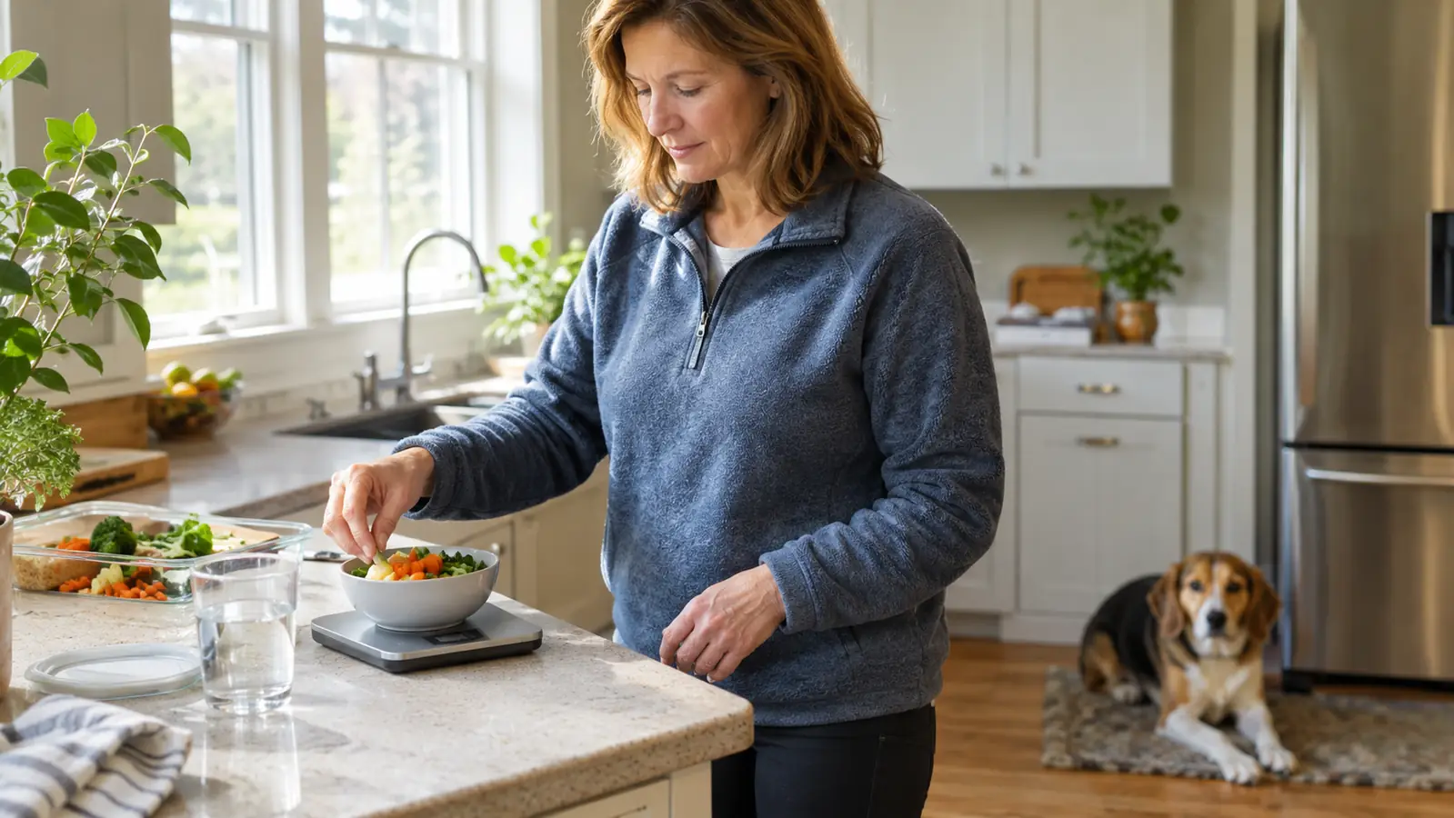 A woman in her late 50s in a bright kitchen weighing a portion of vegetables on a small digital food scale