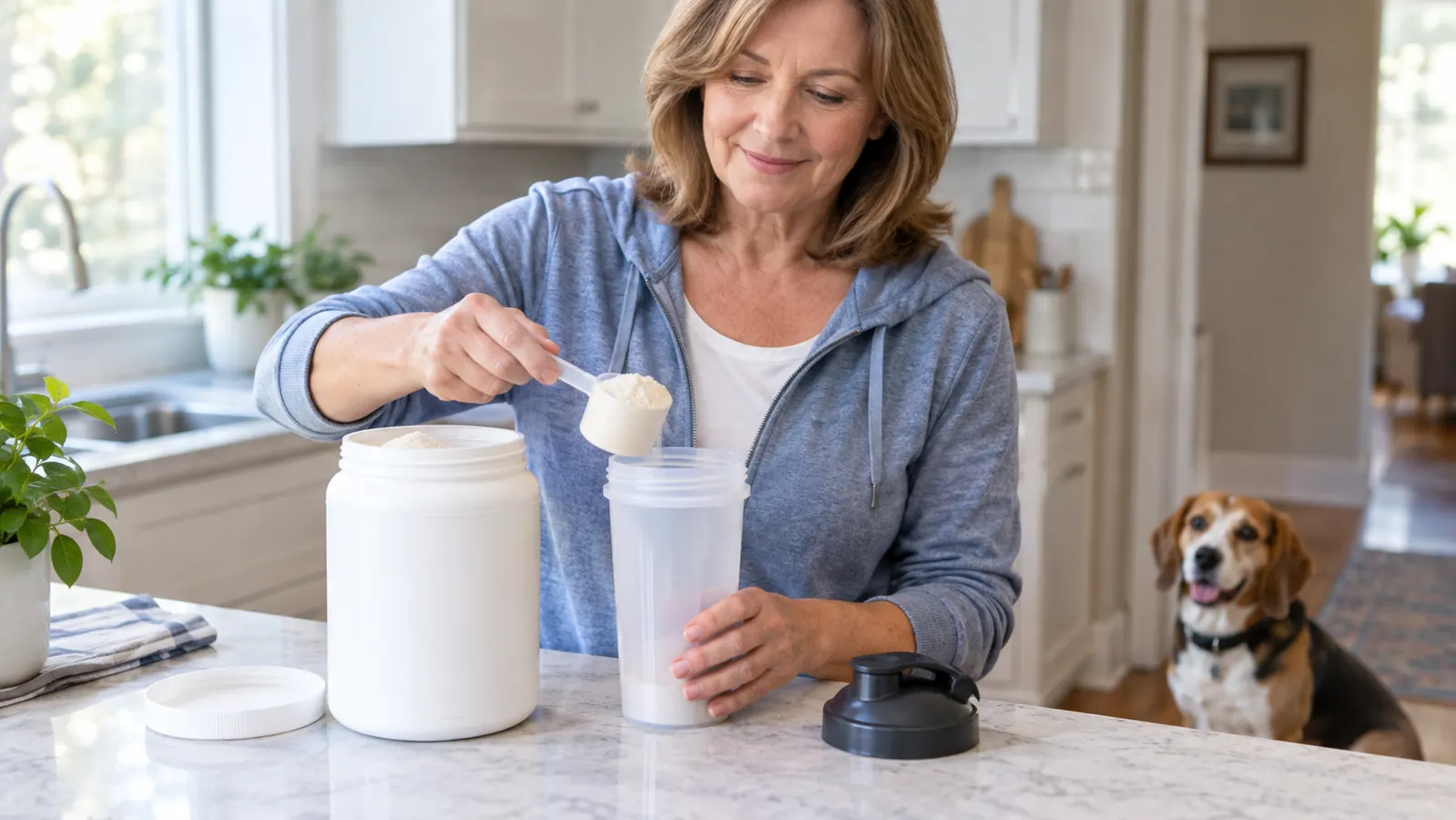 A hand scoops protein powder from an open tub into a shaker bottle on a kitchen counter