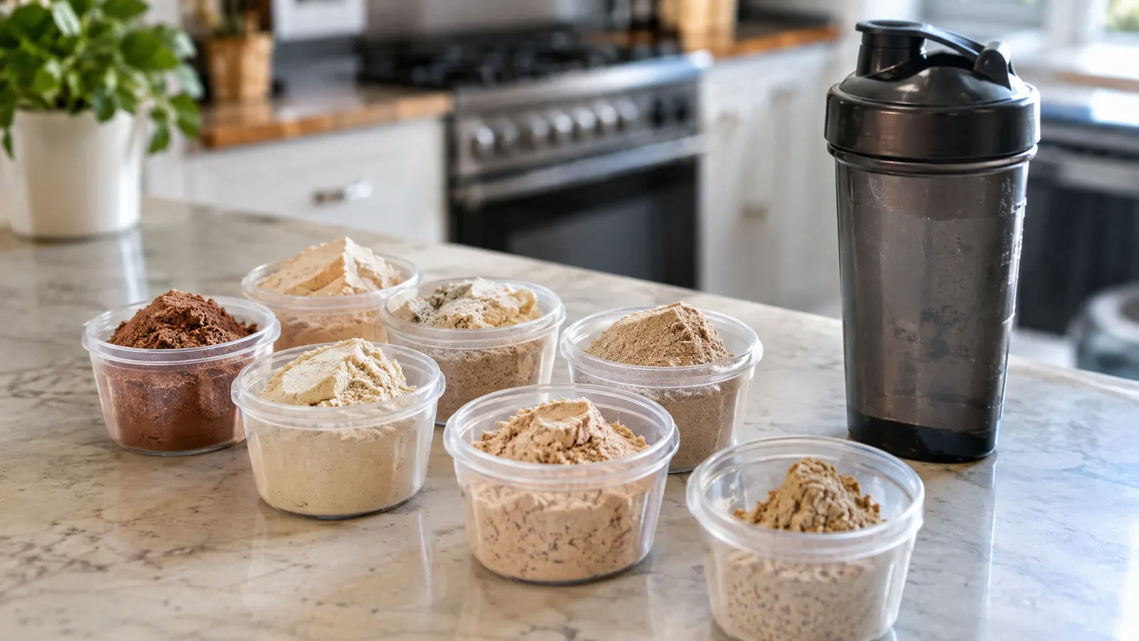 Small containers with pre-measured protein powder lined up on a kitchen counter next to a shaker bottle