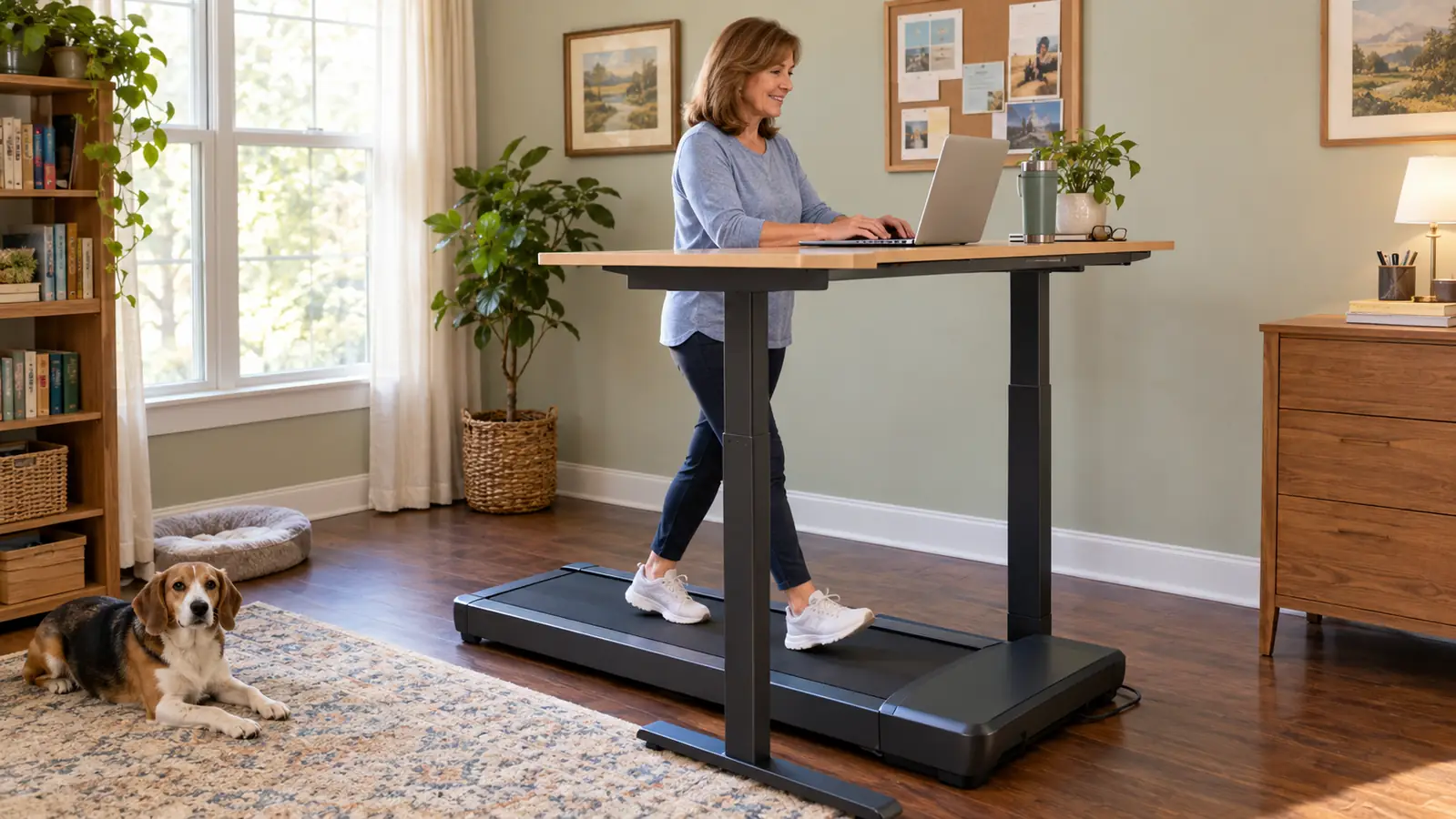 A woman walking on the walking pad while typing at a standing desk