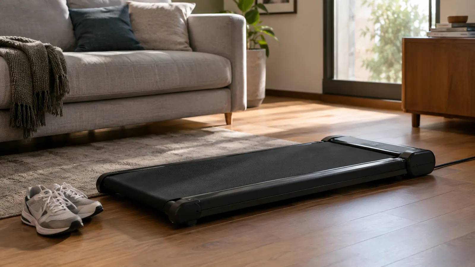 A walking pad set up in a living room next to a couch, with a pair of sneakers on the floor