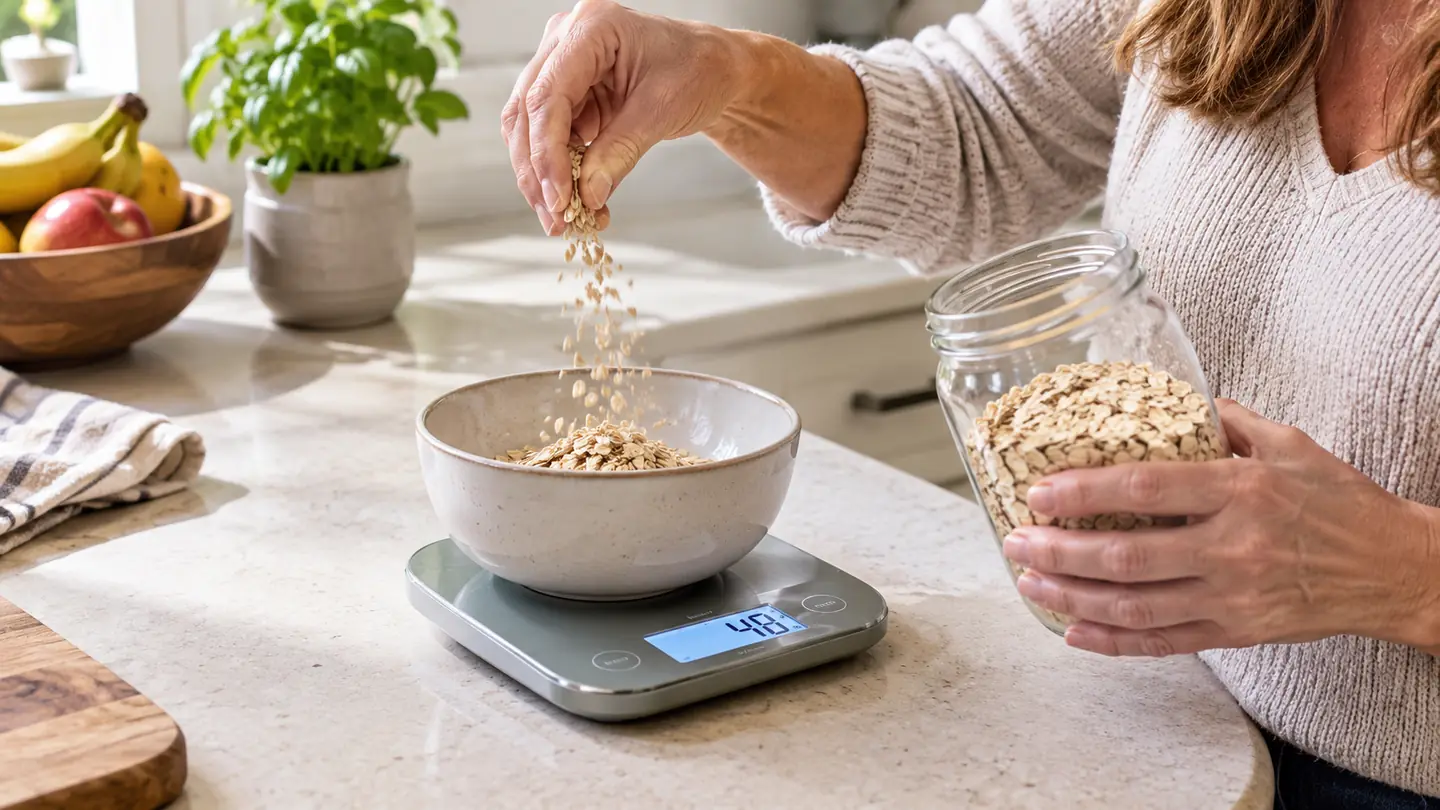 A hand adding oats to the bowl on a digital kitchen scale on a counter