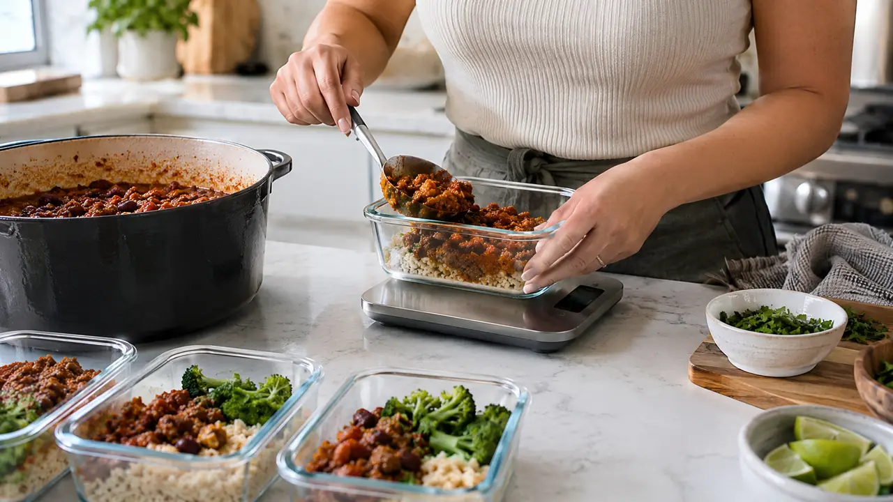 Meal prep containers lined up on a kitchen counter next to a digital kitchen scale and a pot of food