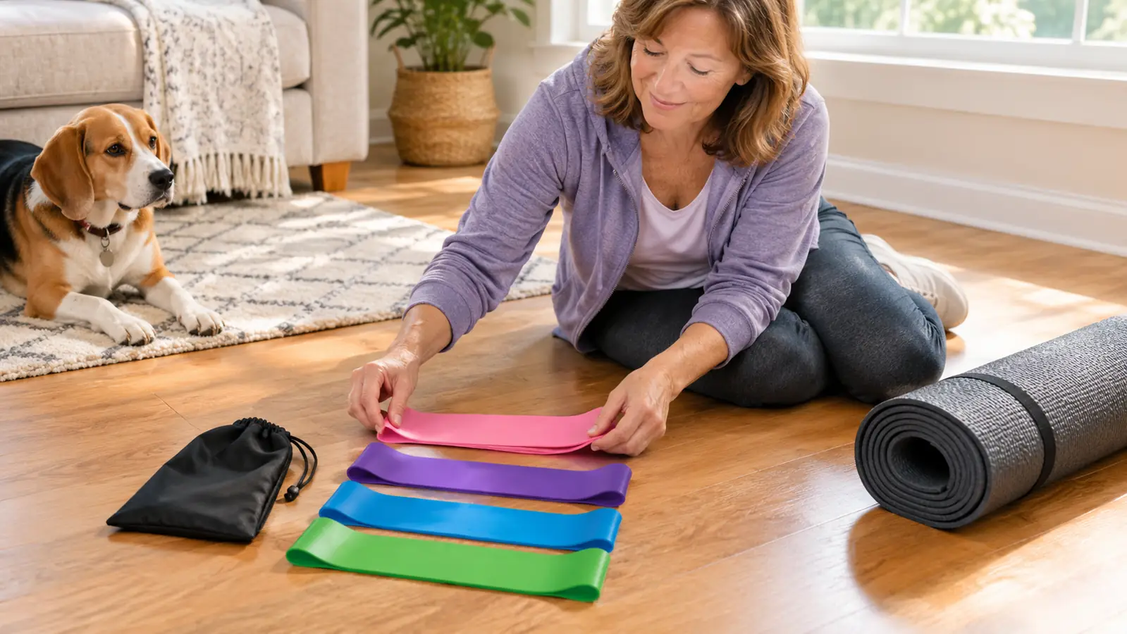 A close view of a latex resistance loop band laid on a hardwood floor next to a rolled exercise mat and a small carry bag