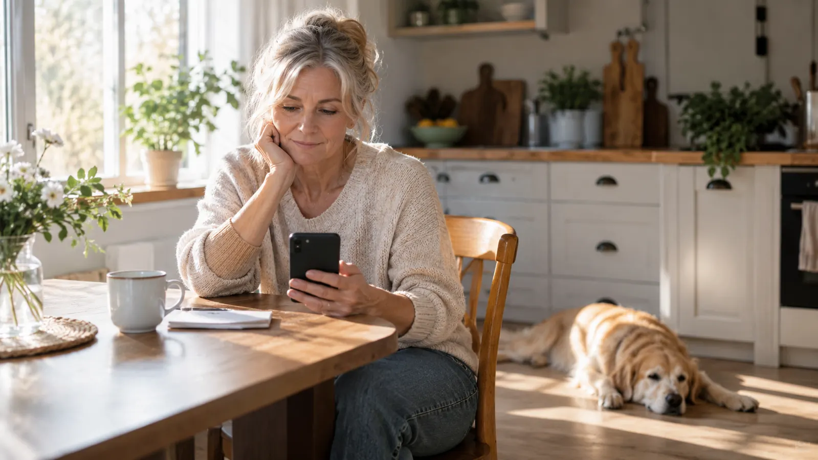 A woman in her late 50s sitting at a kitchen table in the morning, looking at her phone, with the dog resting nearby.