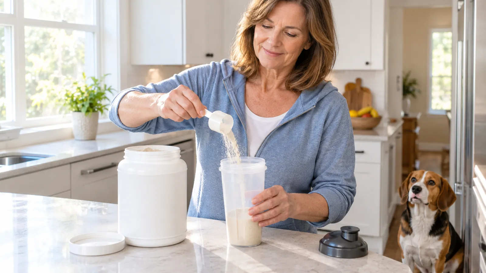 A woman's hand scooping protein powder from an open tub into a shaker bottle on a kitchen counter