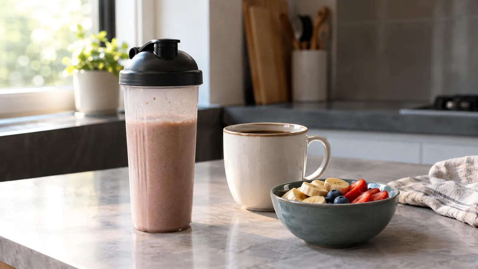 A kitchen counter in the morning with a shaker bottle, a coffee mug, and a small bowl of fruit in soft natural light