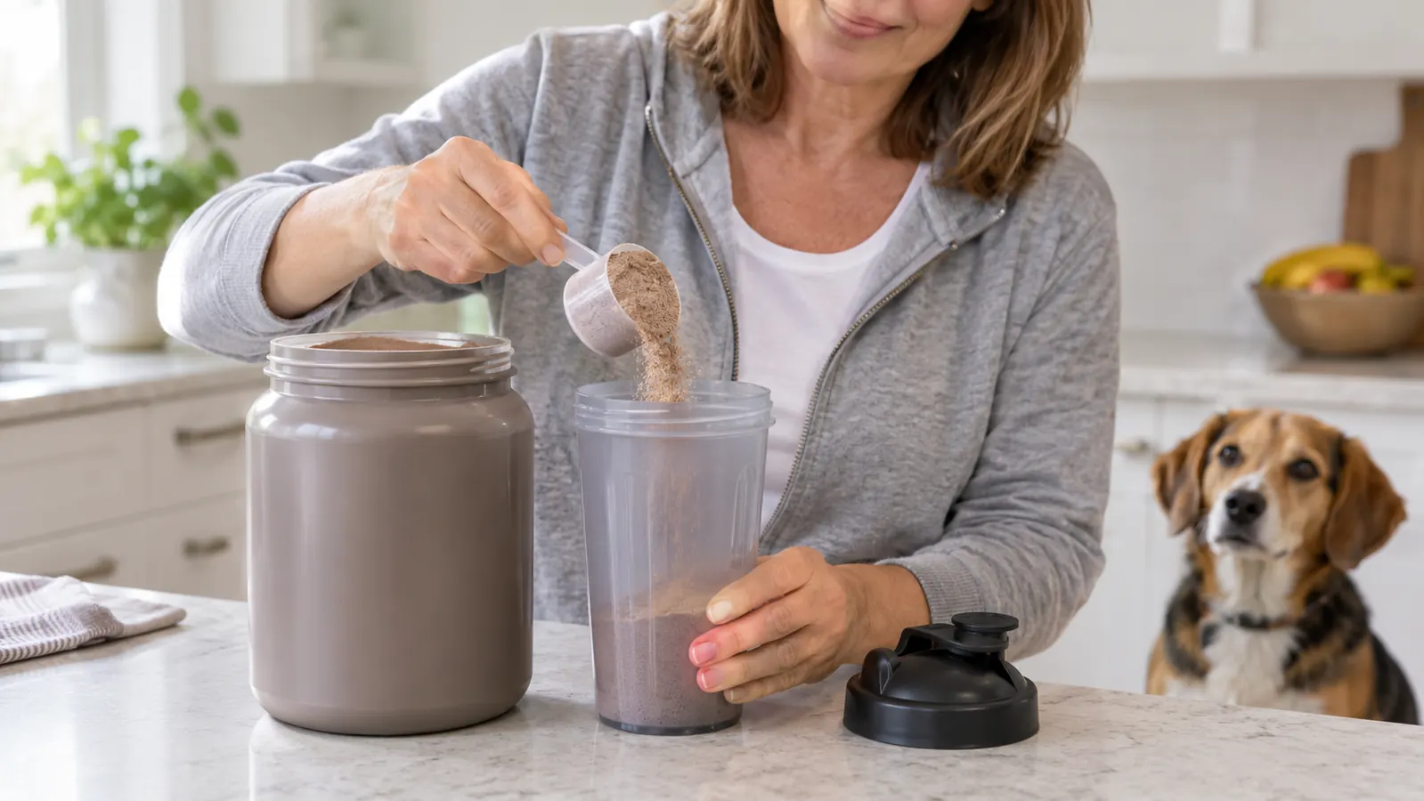 A scoop of chocolate whey protein powder being added to a shaker bottle on a kitchen counter