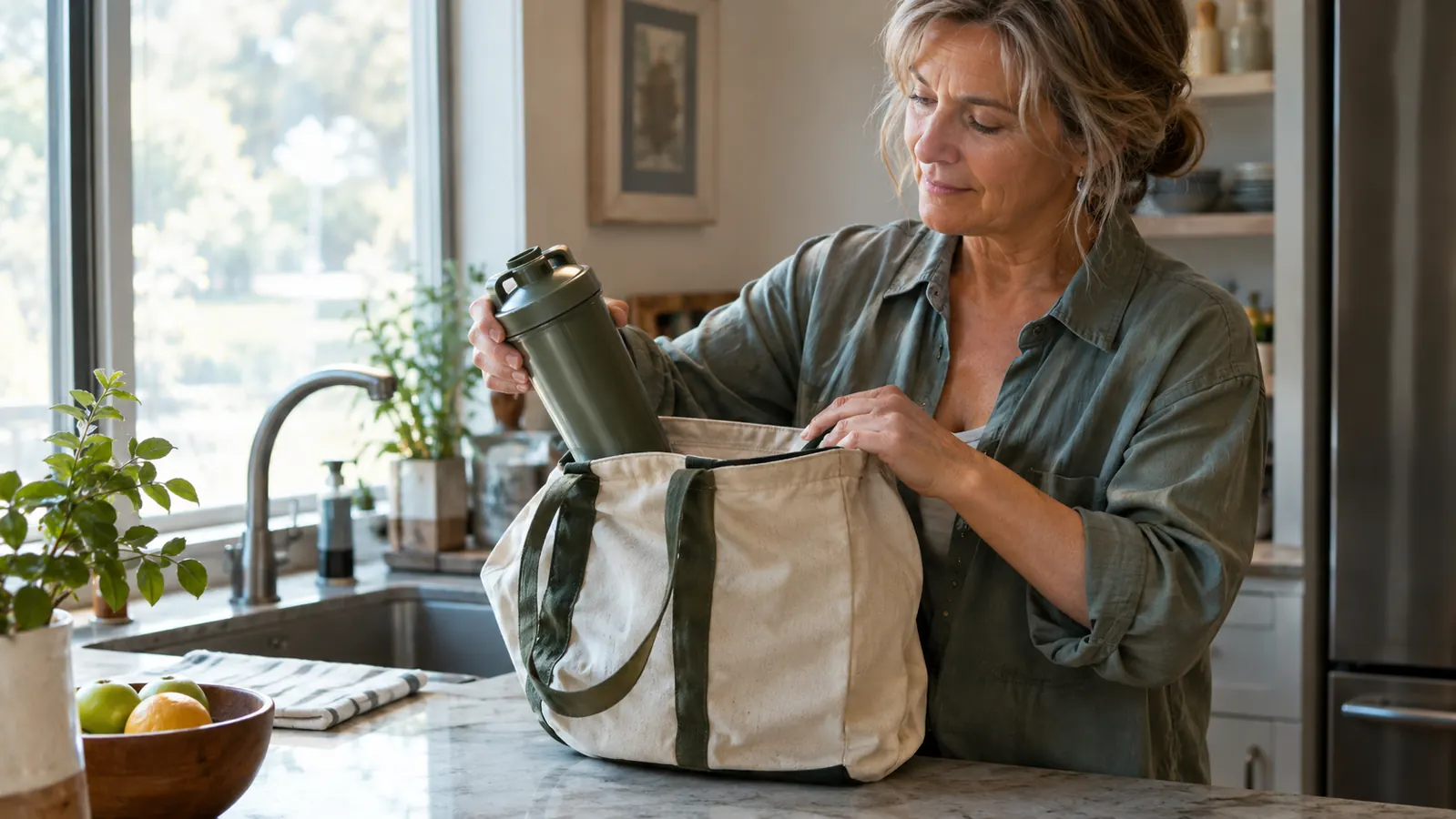 A woman in her late 50s packs a shaker bottle into a work bag at the kitchen counter