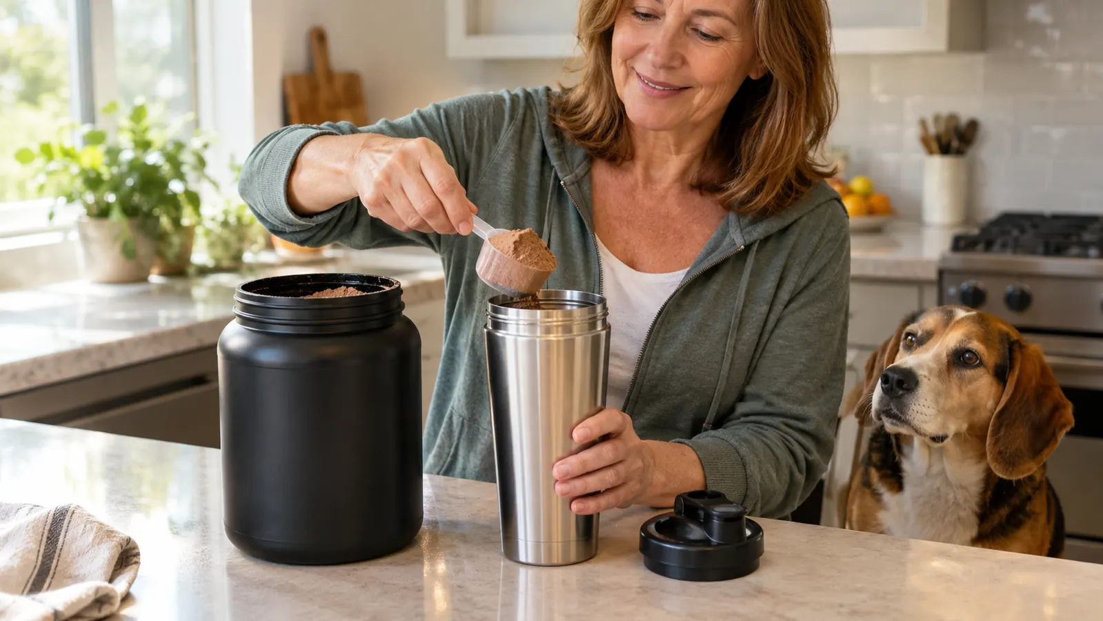 A hand scoops chocolate protein powder from the tub into a stainless steel shaker bottle