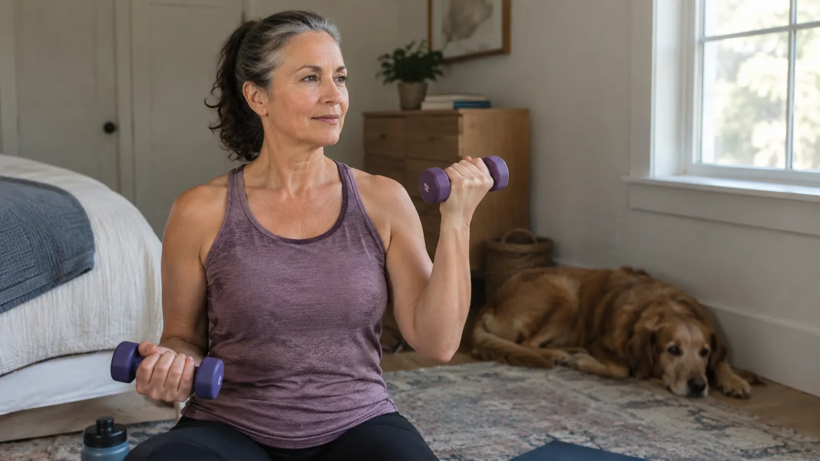 A woman in her late 50s does a short strength session with light dumbbells in a spare bedroom while a dog rests on a rug nearby