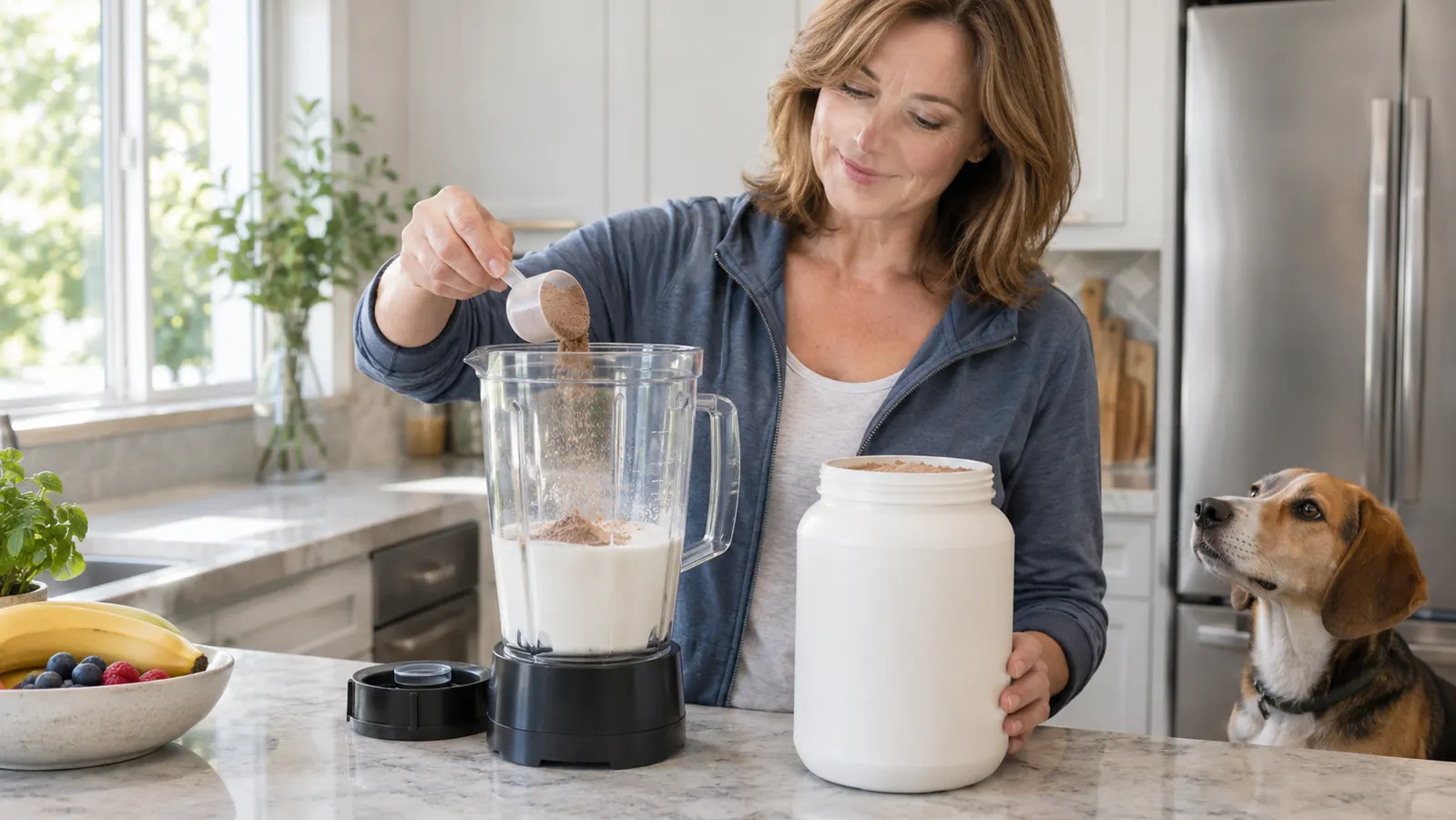 A scoop of chocolate protein powder being added to a blender with milk