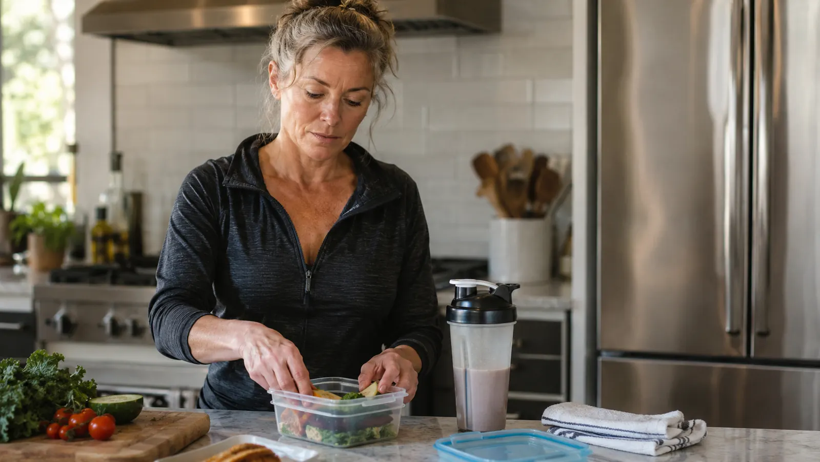 A woman in her late 50s packs a lunch container with a protein shake on a Sunday afternoon