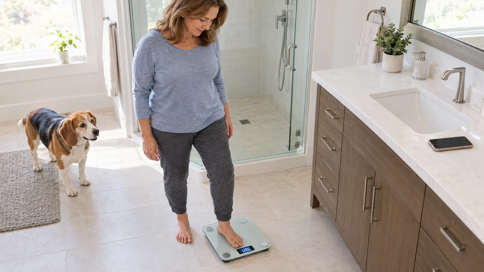 a woman in her late 50s stepping onto a glass floor scale in a bright bathroom, looking down at the display