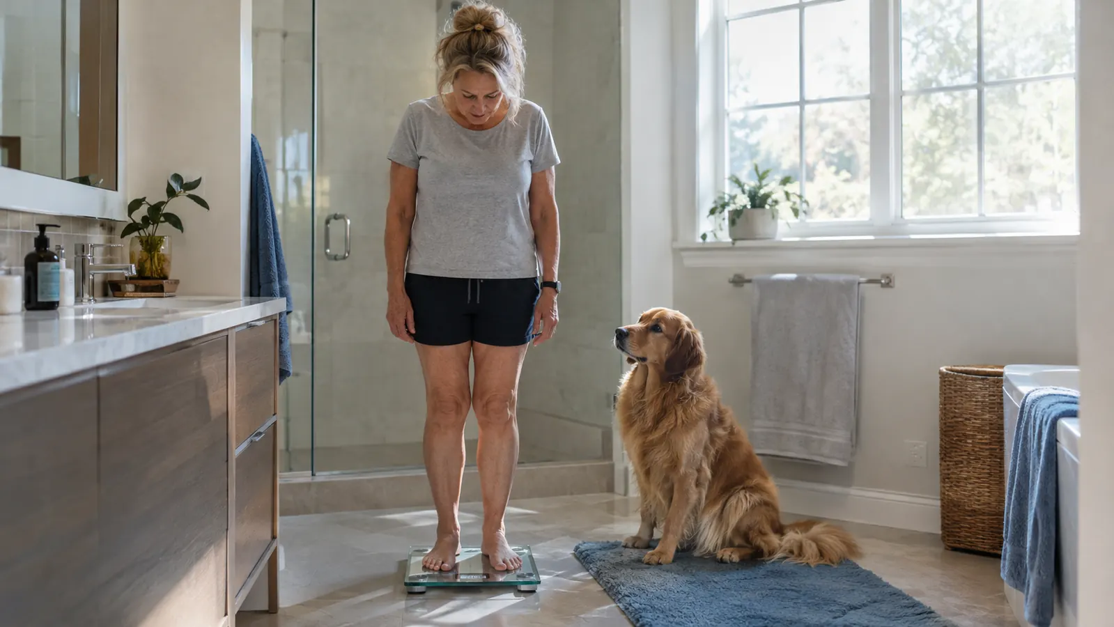 a woman in her late 50s in casual clothes standing on a scale in a bathroom while a dog sits on a bathmat nearby