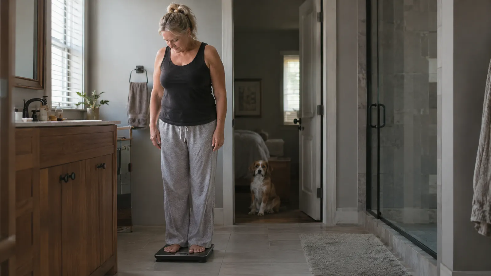 A woman in her late 50s standing on the smart scale while a small dog waits in the bathroom doorway