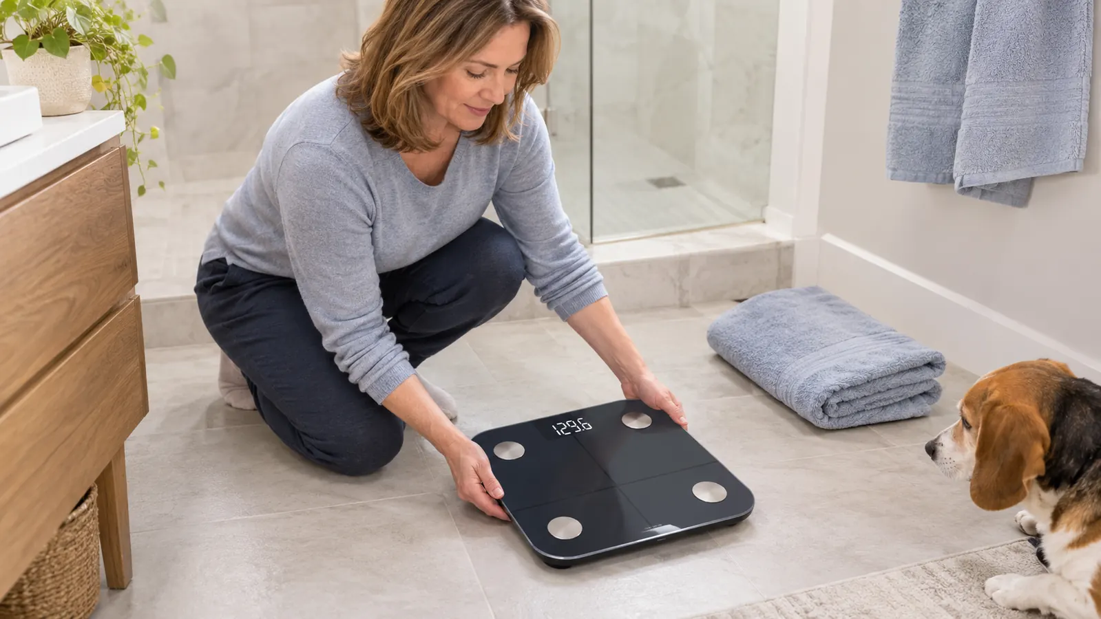 A hand placing a digital bathroom scale on a bathroom floor next to a towel