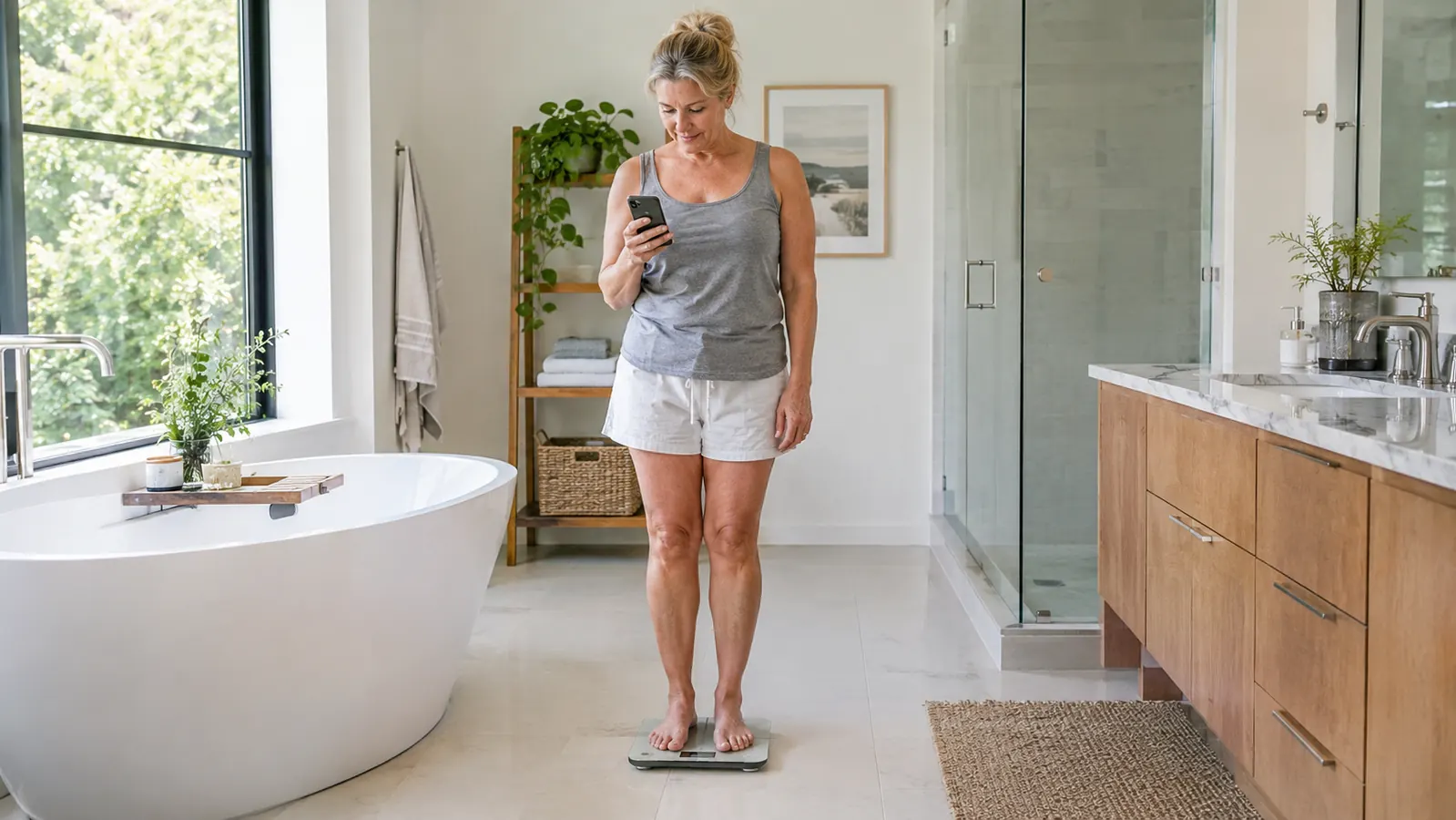 A woman in her late 50s checking her phone while standing on a bathroom scale