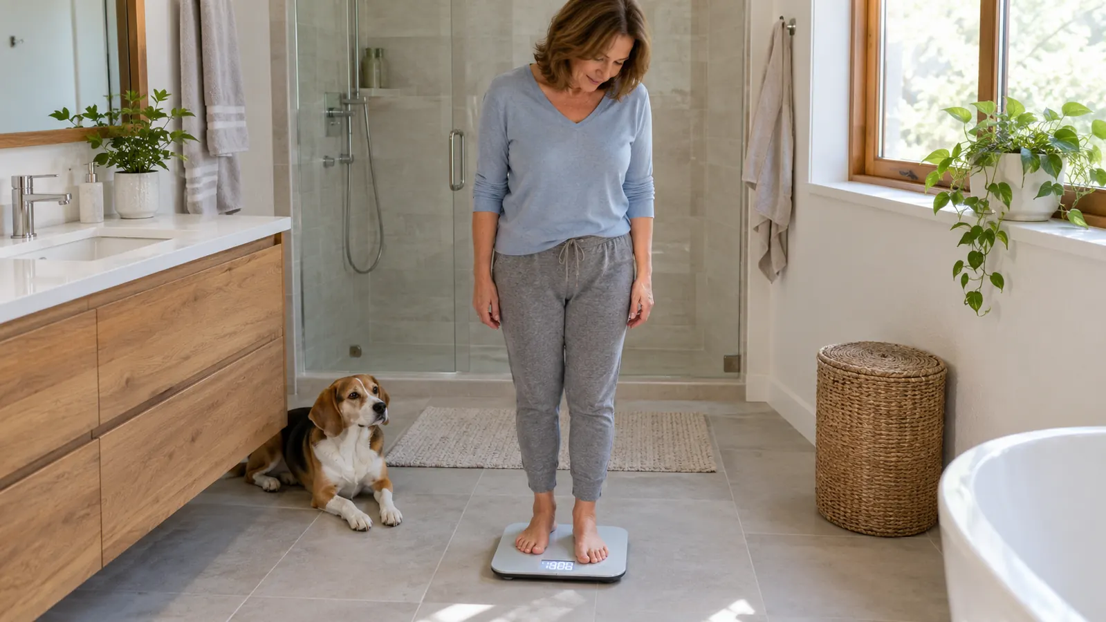 A woman in her late 50s stepping onto a digital bathroom scale and reading the display