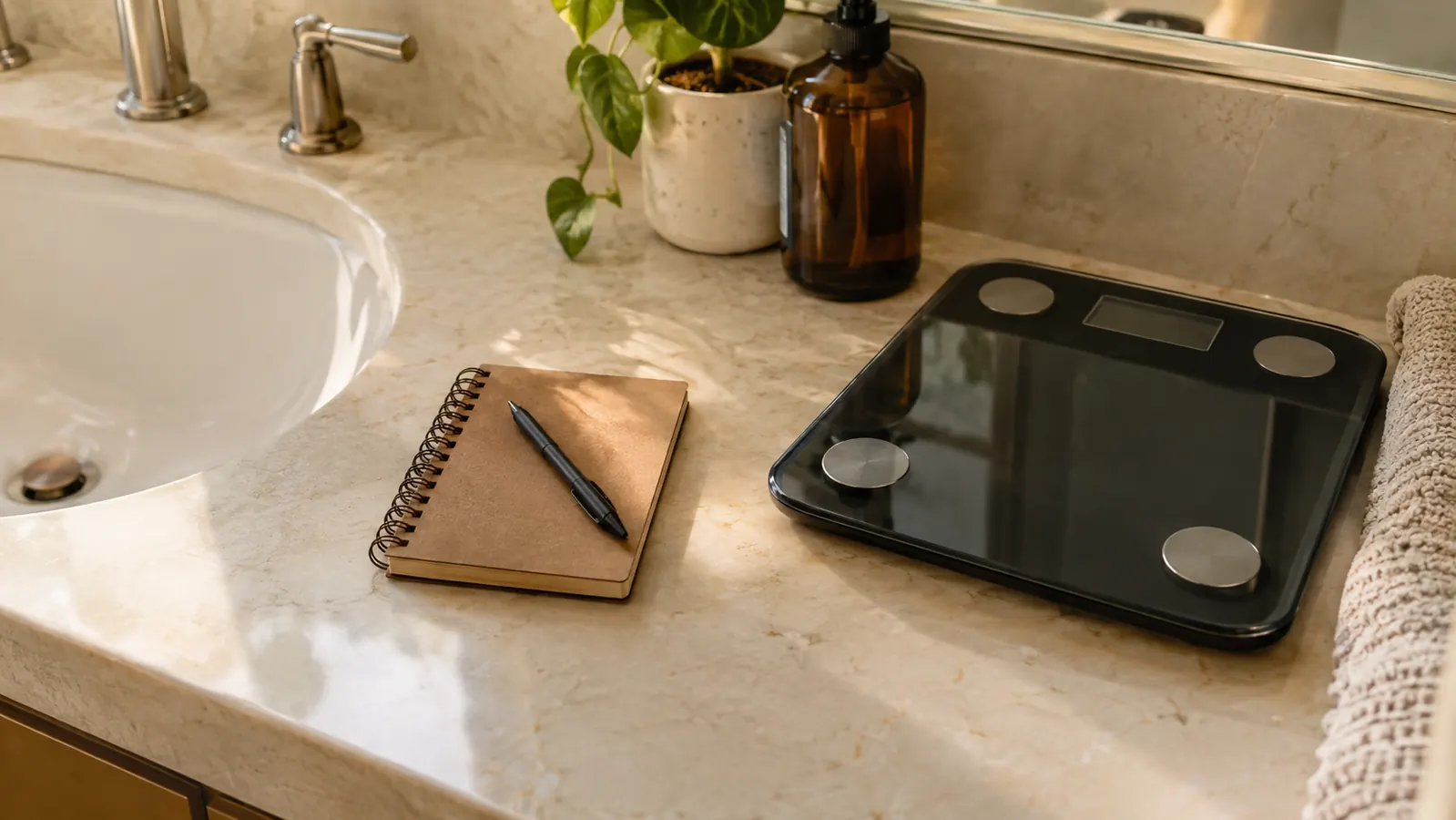 A notebook and pen on a bathroom counter beside a digital scale