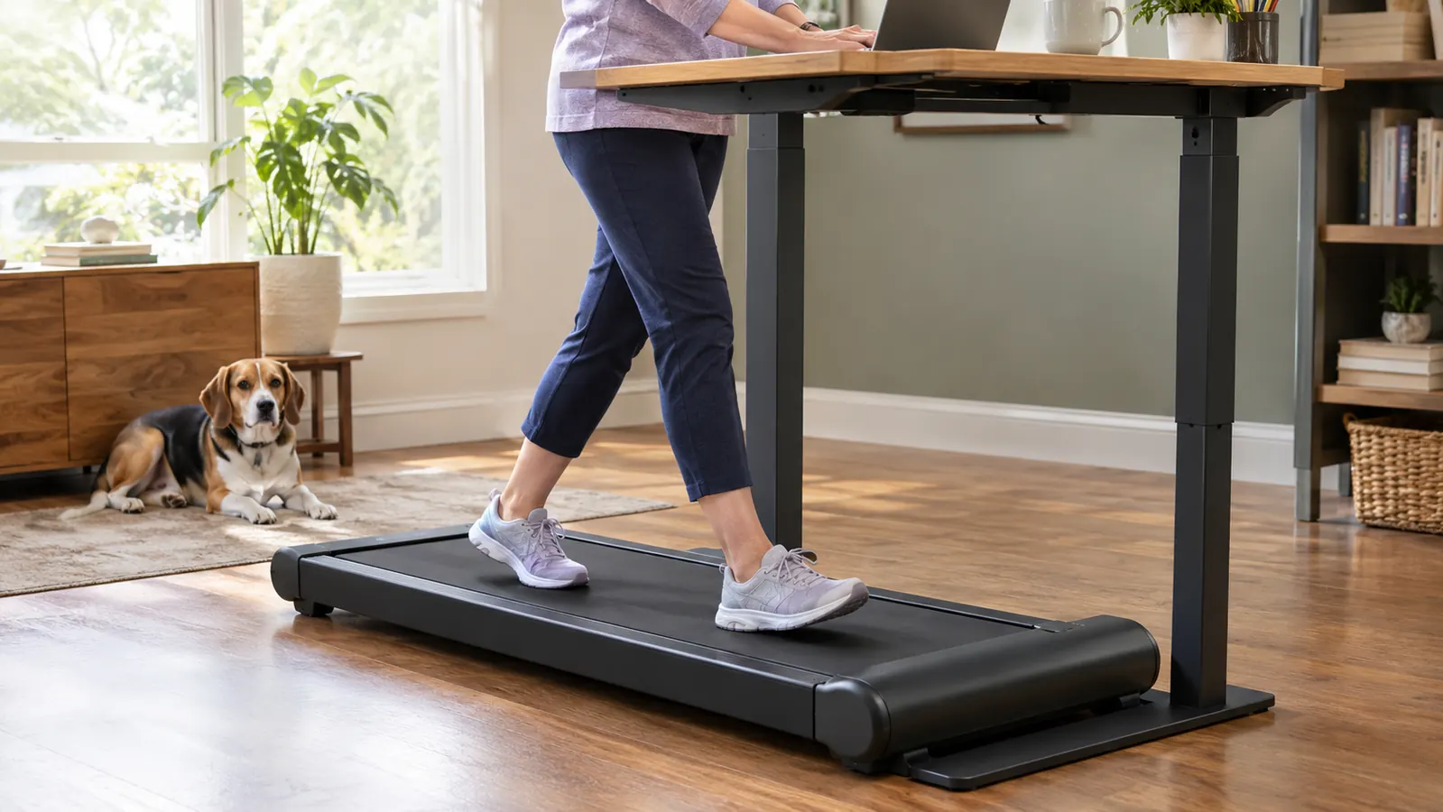 Close view of a walking pad under a desk with a woman's feet mid-stride on the belt.