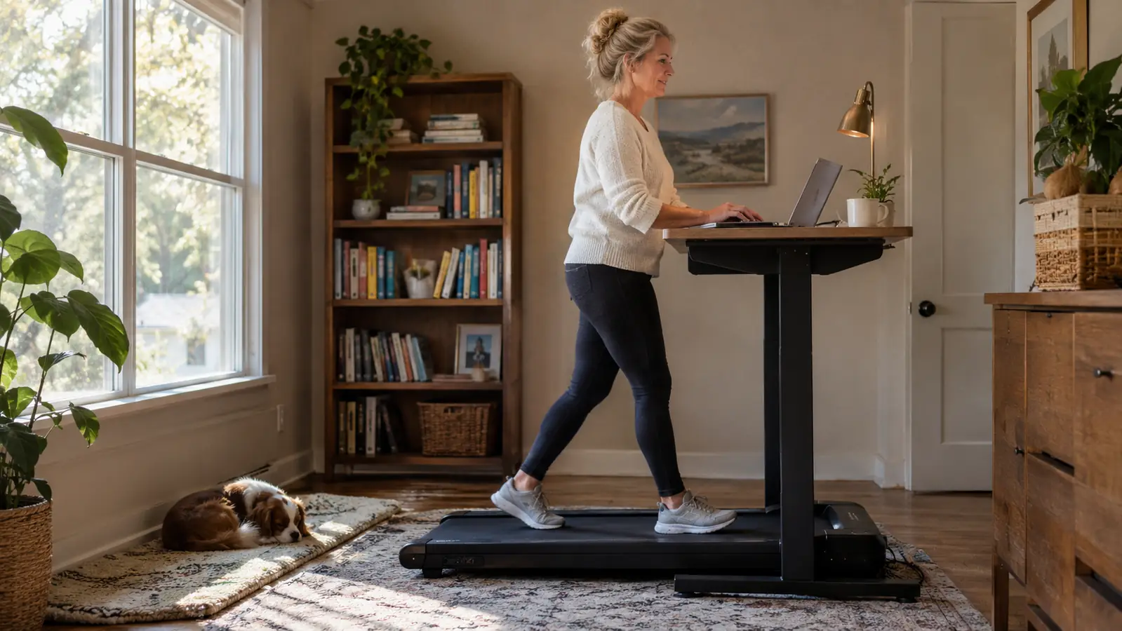 A small dog rests on a rug near a desk while a woman walks on a walking pad.